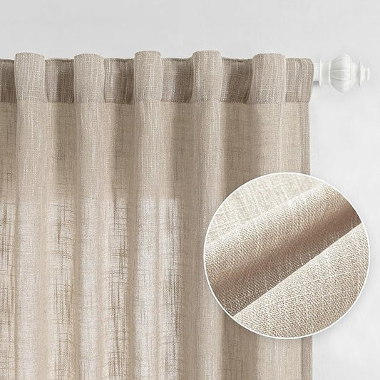 MYSKY HOME Cotton Curtains for Living Room Farmhouse Semi Sheer Light Filtering for Windows, Linen Look Texture Soft Modern Decor Country Style, 50" x 80", Light Oatmeal, 2 Panels