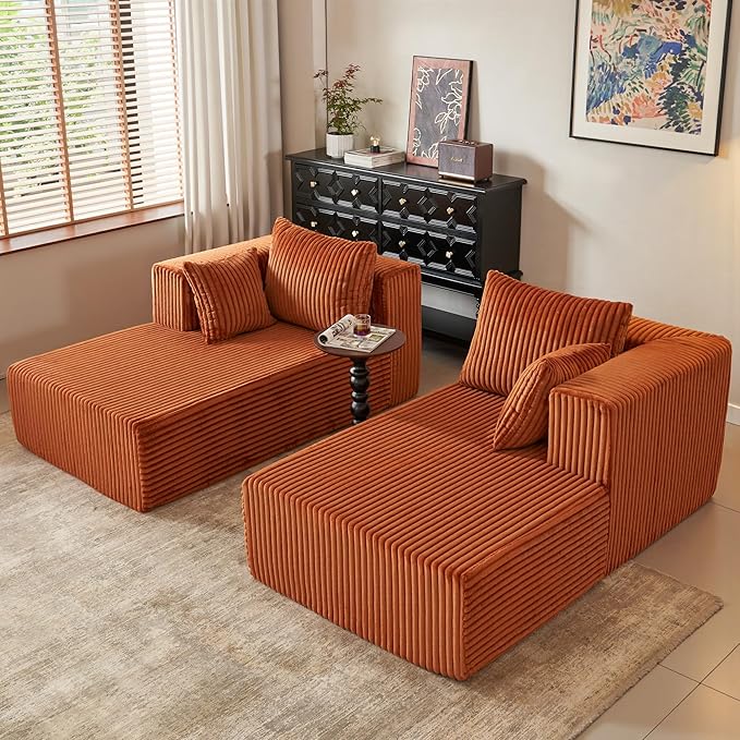 82" Oversized Chaise Lounge Chair, Corduroy Upholstered Sleeper Sofa with 4 Throw Pillows and Wide Armrest for Living Room, No Assembly Required Loveseat Couch, Orange