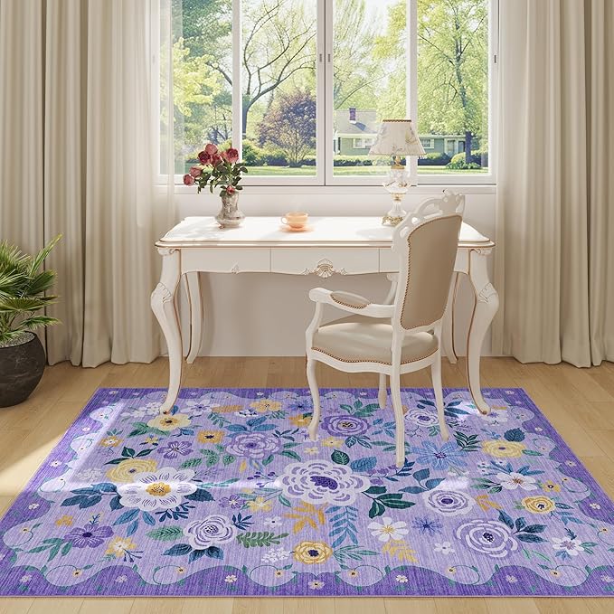 DUKINO 4x6 Area Rug, Lightweight Non Slip Washable Floral Rug, Indoor Low Pile & Non-Shedding Boho Design Rugs for Bedroom, Living Room, Dining Room, Purple