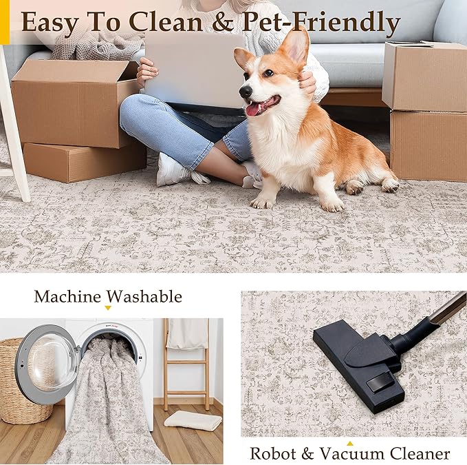 Light Brown Area Rug 9x12 Machine Washable Large Vintage Living Room Distressed Non Slip Carpet Traditional Indoor Bedroom Retro Floral Accent Throw Rug for Office Kitchen Dining Room