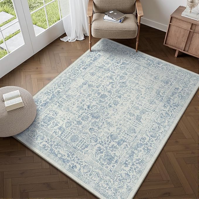 Blue Area Rug 3x5 Office Entryway Rug Machine Washable Kitchen Vintage Distressed Non Slip Carpet Indoor Retro Floral Accent Throw Door Mat for Bathroom Bedroom Dining Living Room
