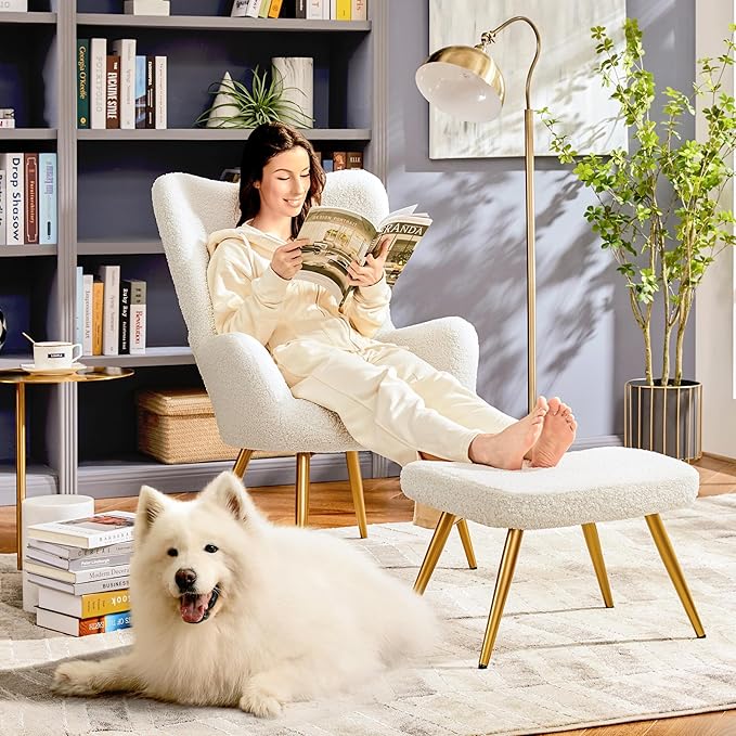 Yaheetech Boucle Accent Chair and Ottoman Set, Sherpa Armchair with Golden Metal Legs, High Back Reading Chair and Footstool for Living Room, Bedroom, Lounge, Ivory
