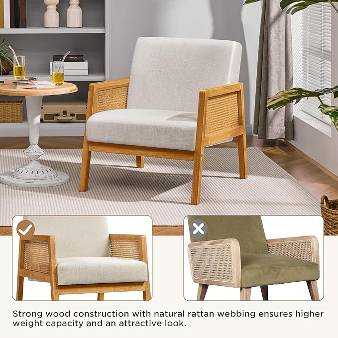 Yaheetech Beige Accent Chair, Armchair with Wood Legs, Mid Century Living Room Chair, Linen Fabric Lounge Chair for Bedroom Reading Room, Beige