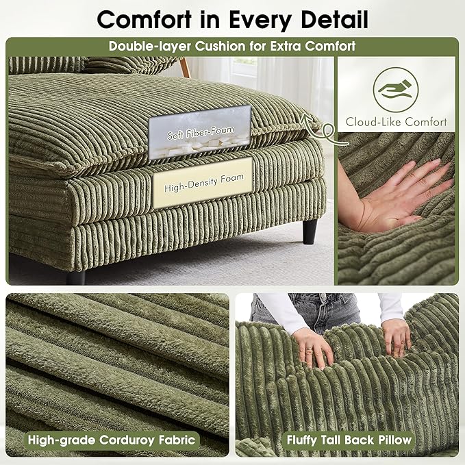 110" W Oversized Double Chaise Lounge Sofa Couch, Corduroy Sleeper Sofa Bed with Adjustable Backrest, Modern Upholstered Cloud Couch with Deep Seat & Pillows for Living Room, Green