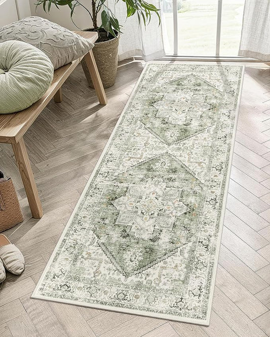 LIVEBOX Washable Runner 2x6 - Vintage Tribal Kitchen Rug, Long Entryway, Low-Pile for Bedroom, Non-Skid Soft Carpet Throw for Bathroom Laundry Room Hallway Sage