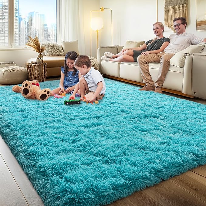 8x10 Area Rugs for Living Room, Fluffy Shaggy Rug Soft Carpets, Big Rugs for Bedroom Nursery Kids Room Dorm Home Decor Aesthetic, Teal Blue