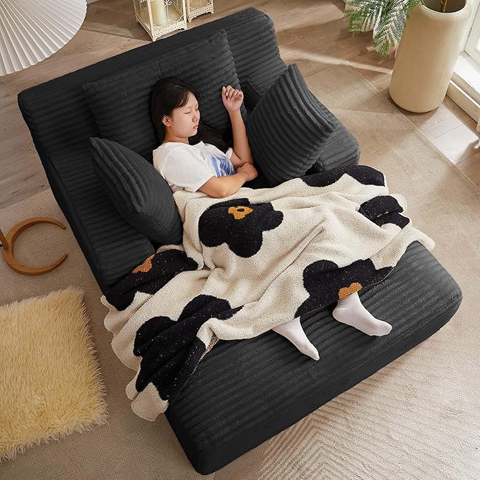 GNIXUU Oversized Chaise Lounge Chair Indoor, Comfy Lounge Sofa Upholstered Boneless Couch Bed with Throw Pillows and Armrests, Corduroy Plush Cloud Sofa Reading Chair for Living Room, Black