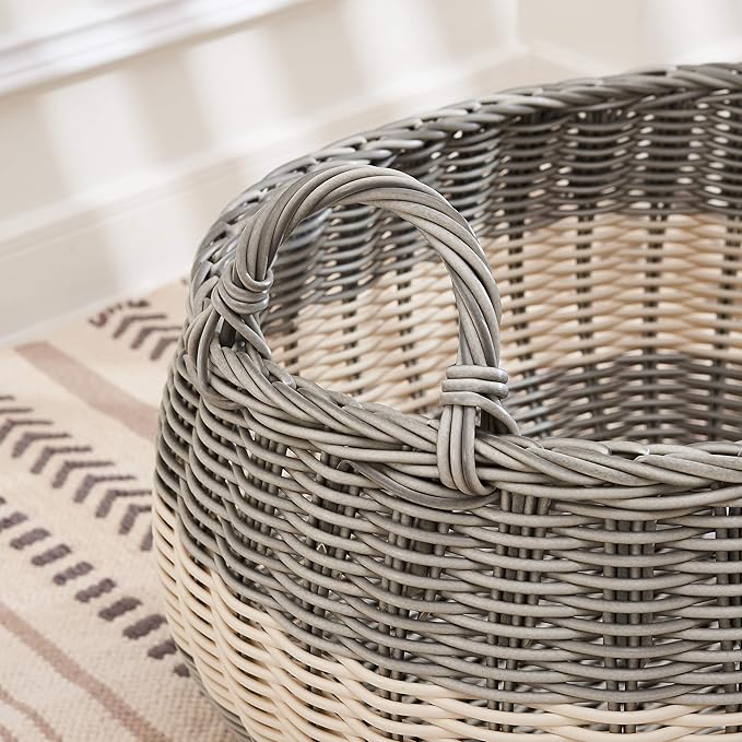 Zita Oval Resin Woven Wicker Multi-Use Storage Basket with Handles (18" x 15" x 11.4" - White-Gray) - Perfect for Halloween, Thanksgiving, and Versatile Home Organization