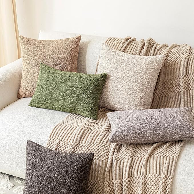 Foindtower Pack of 2 Textured Boucle Throw Pillow Covers Accent Solid Decorative Lumbar Pillow Cases Cozy Woven Couch Cushion Case for Sofa Bedroom Living Room Home Decor, 12 x 20 Inch,Neutral Grey