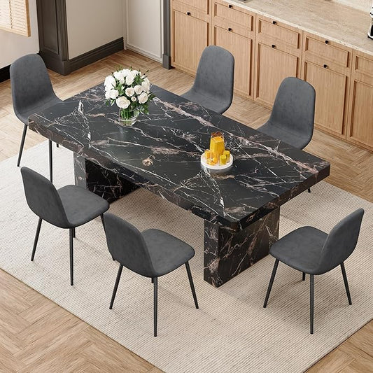 79" Marble Dining Table Set｜Modern Dining Table Set with 6 Artifical Leather Chairs｜Engineered Wood with Marble Pattern Tabletop｜Widened and Stable Tablelegs｜Easy Assembly