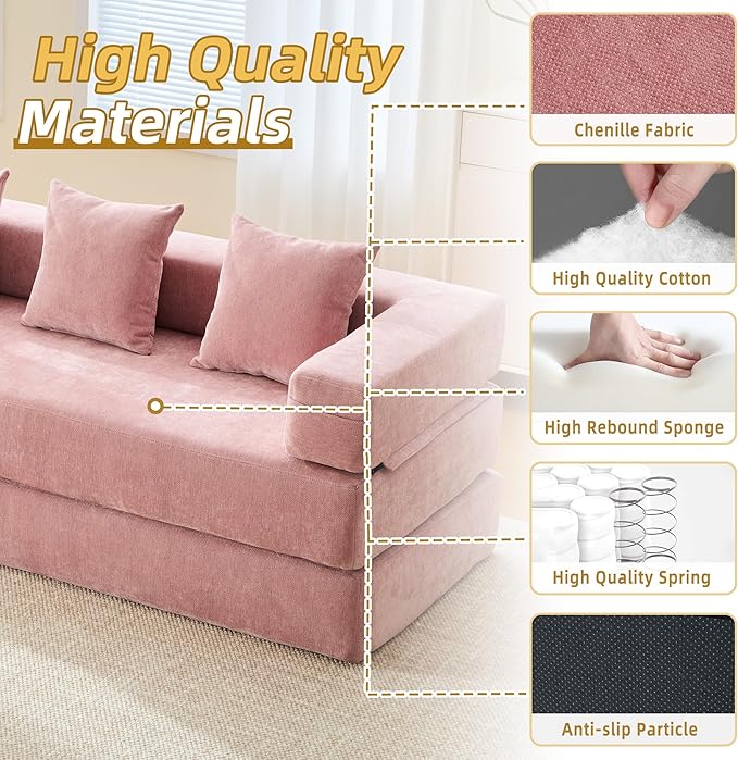 Convertible Floor Sofa Bed with Storage Pocket, Chenille Folding Mattress Sofa with Zipper Closure, Floor Lounge Couch for Living Room, Bedroom, Studio -Pink
