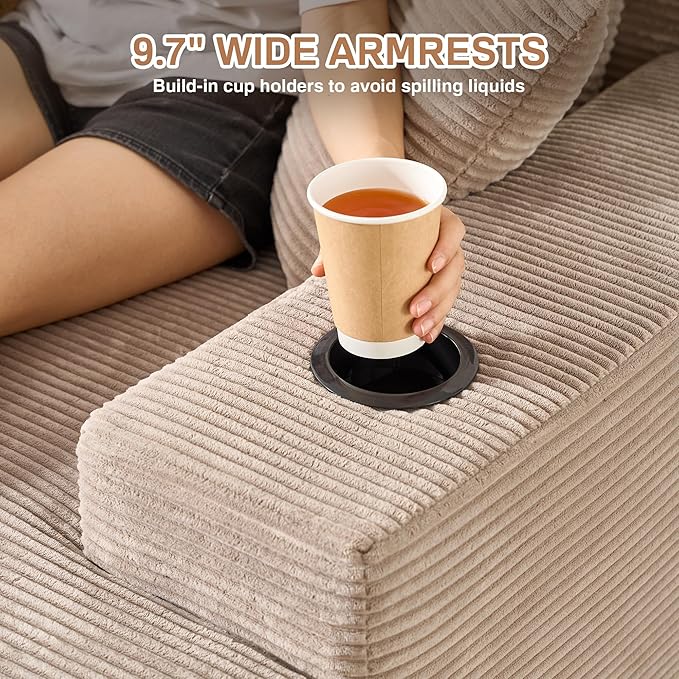 Chaise Lounge Chair Indoor, 67" Oversized Comfy Corduroy Sleeper Sofa Bed with Cup Holders and Wide Armrests, Boneless Upholstered Recliner Bed, Modern Cloud Couch for Living Room, Camel