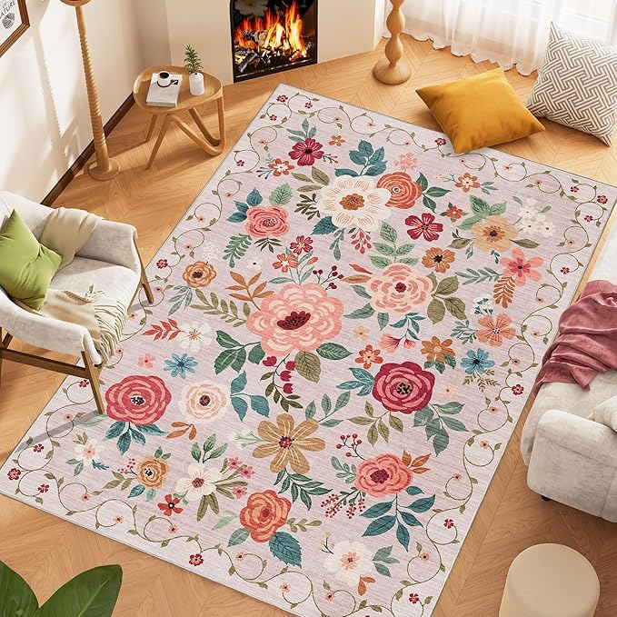 DUKINO 5x7 Area Rug, Floral Rugs for Living Room, Lightweight Non Slip Washable Rug, Indoor Low Pile & Non-Shedding Boho Design Rugs for Bedroom, Living Room, Dining Room, Beige
