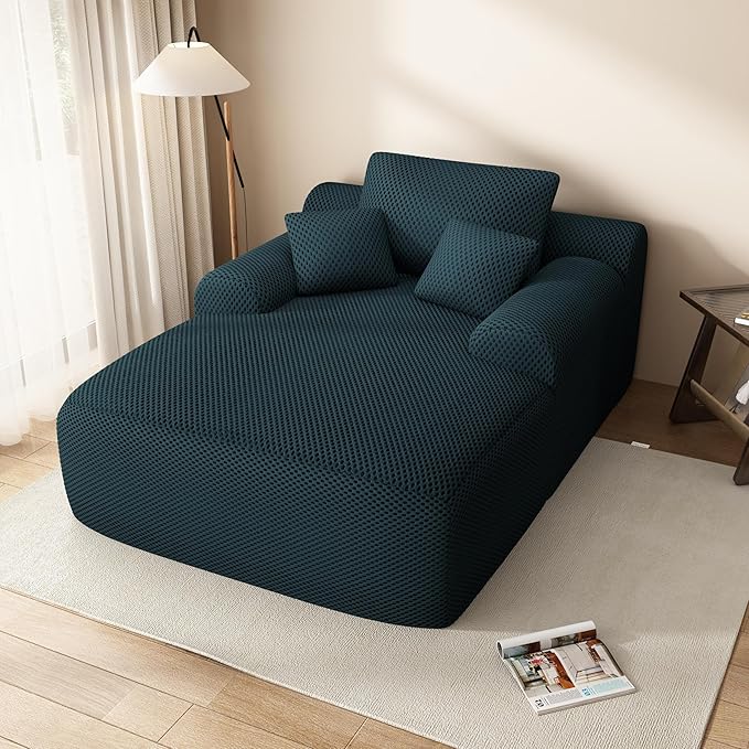 67" Oversized Chaise Lounge Chair with Cover, Comfy Sleeper Sofa Bed, Black Plush Corduory Couch for Living Room,Sofa in A Box,No Assembly Required (Breathable Blue Cover).