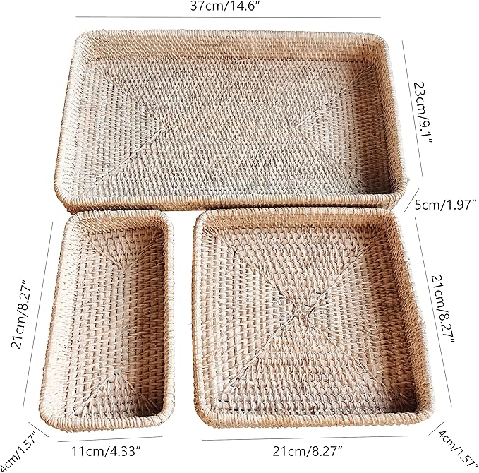 i-lan Set of 3 Handmade White Rattan Rectangle Serving Tray,Washed White Wicker Serving Organizer Tabletop Fruit Platter with 2”Wall,14 Inch Decorative Bread Drinks Snack Storage Serving Basket Tray