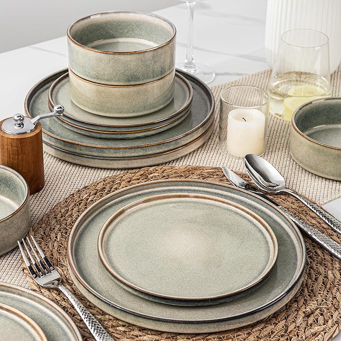 AmorArc Ceramic Dinnerware Sets, Handmade Reactive Glaze Stoneware Plates and Bowls Sets,Highly Chip and Crack Resistant | Dishwasher & Microwave Safe Dishes Set, Service for 8 (24pc)