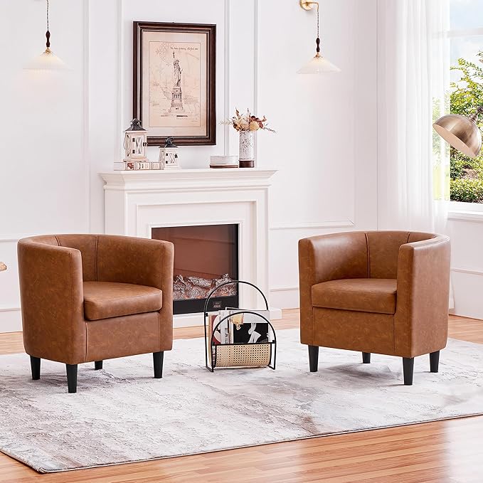 Yaheetech Accent Chair, PU Leather, Modern and Comfortable Armchairs, Upholstered Barrel Sofa Chair for Living Room Bedroom Waiting Room, 2PCS, Brown