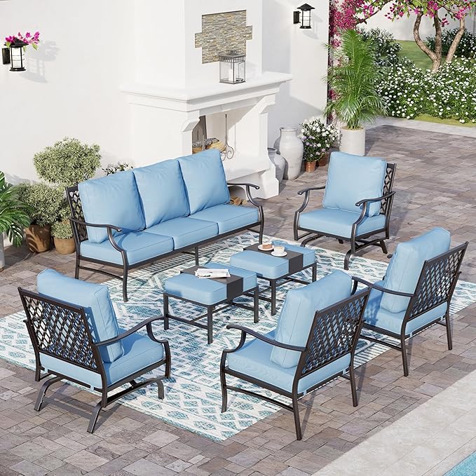 7 Piece Metal Outdoor Patio Furniture Sets, Patio Conversation Sets 1 3-seater Sofa, 2 Fixed Chair, 2 Rocking Chair, 2 Ottomans with 5.75" Thick Cushion, Black Backyard Furniture, Blue