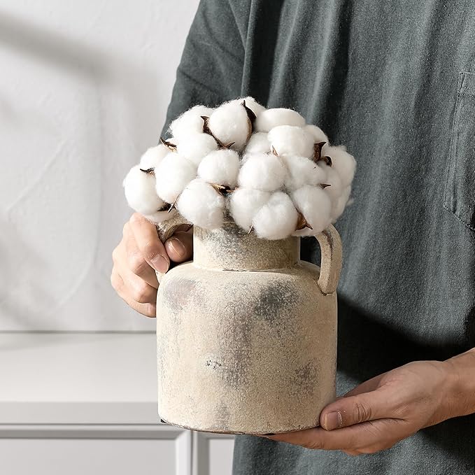 Antique Ceramic Vase with 2 Handles, 6.1 Inch Farmhouse Rustic Flower Vase, Small Vintage Terra Cotta Vases for Home Decor, Wedding, Living Room, Table, Shelf Decor, Neutral