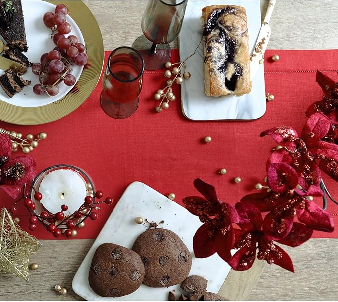 Solino Home Linen Red Table Runner 120 Inches Long - 100% Pure Linen 14 x 120 Inch Table Runner for Christmas, Holiday - Classic Hemstitch