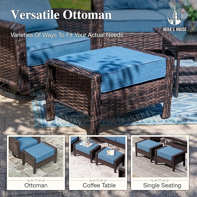 HERA'S HOUSE High Back Patio Furniture Set with 5.5" Thick Cushions, 5 Pieces Wicker Outdoor Conversation Sofa Sets with Swivel Chairs, Comfy Waterproof Deck Lawn Backyard Furniture, Navy Blue