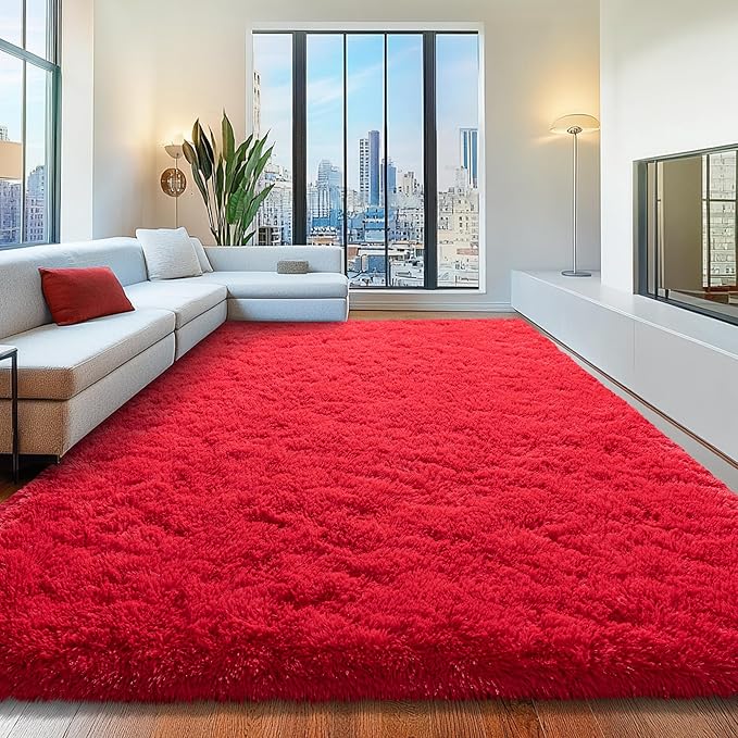 8x10 Area Rugs for Living Room, Red Fluffy Shaggy Rug Soft Carpets, Big Rugs for Bedroom Nursery Kids Room Dorm Home Decor Aesthetic