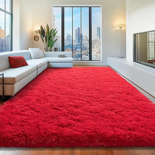 8x10 Area Rugs for Living Room, Red Fluffy Shaggy Rug Soft Carpets, Big Rugs for Bedroom Nursery Kids Room Dorm Home Decor Aesthetic