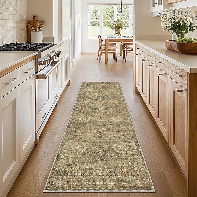 GENIMO 2X5 Hallway Runner Rug, Machine Washable Non Slip Vintage Floral Patchwork Runners, Thin Low Pile Chenille Carpet Runners for Entryway, Kitchen, Bathroom, Bedroom, Straw