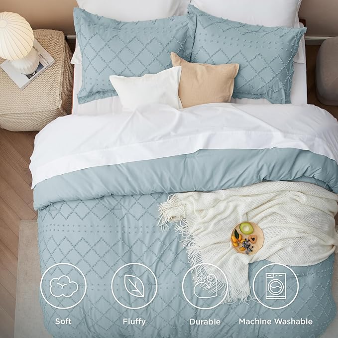 Bedsure Full Comforter Set - Dusty Blue Comforter, Boho Tufted Shabby Chic Bedding for Kids, 3 Pieces Vintage Farmhouse Bed Set for All Seasons, Fluffy Soft Bedding with 2 Pillow Shams