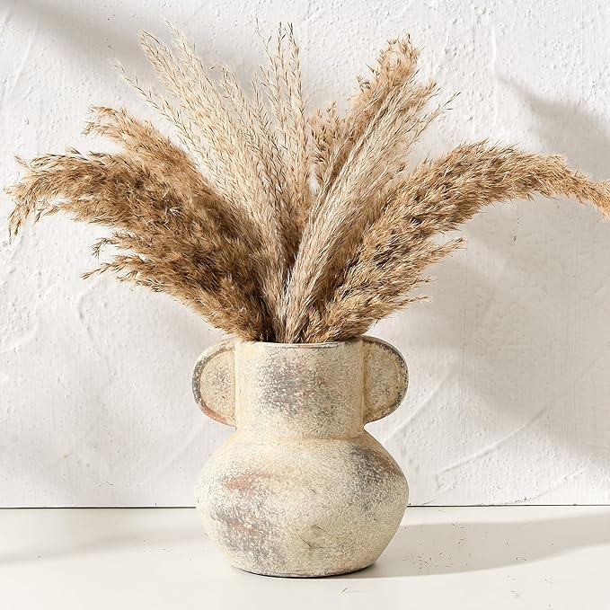 Antique Ceramic Vase with 2 Handles, 6.1 Inch Farmhouse Rustic Vase, Small Decorative Pottery Flower Vases for Home Decor, Wedding, Living Room, Table, Shelf Decor, Terra
