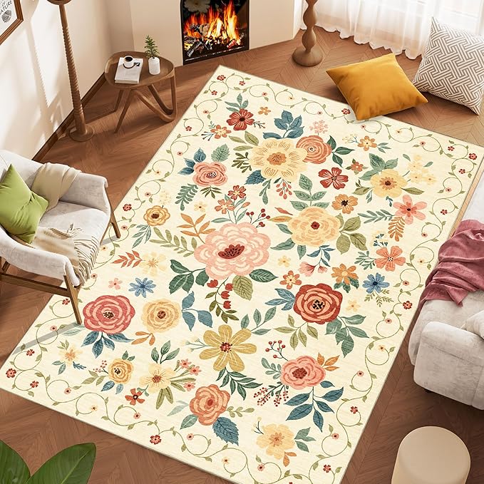 DUKINO 5x7 Area Rug, Floral Rugs for Living Room, Lightweight Non Slip Washable Rug, Indoor Low Pile & Non-Shedding Boho Design Rugs for Bedroom, Living Room, Dining Room, Beige Yellow