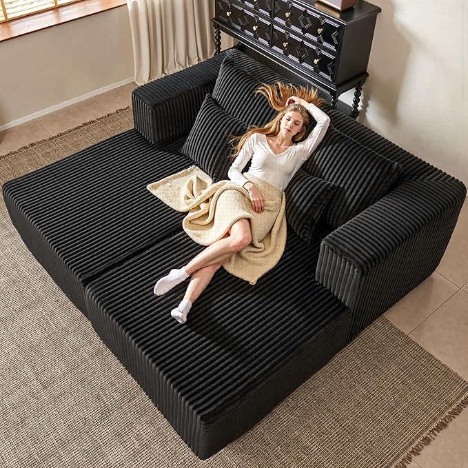 82" Oversized Chaise Lounge Chair, Corduroy Upholstered Sleeper Sofa with 4 Throw Pillows and Wide Armrest for Living Room, No Assembly Required Loveseat Couch, Black