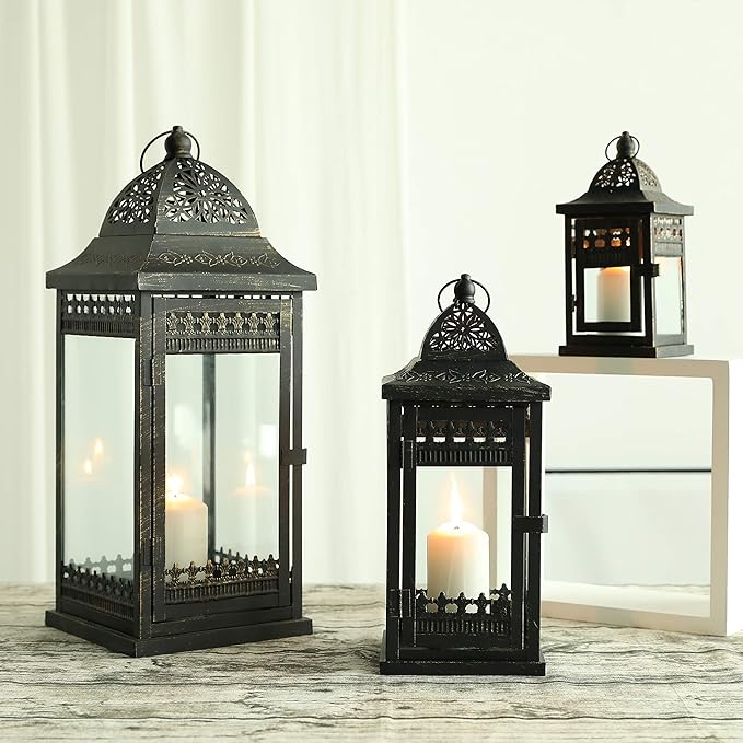 JHY DESIGN 6Pcs Decorative Candle Lanterns 20&14.5"&9.5" High Vintage Style Hanging Lantern, Metal Candleholder for Indoor Outdoor, Events, Parities and Weddings（Black with Gold Brush）