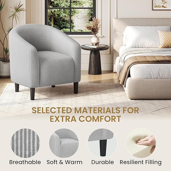 Yaheetech Accent Barrel Chair, Corduroy Fabric Club Chair, Furry Sherpa Elegant Armchair with Cozy Soft Padded for Living Room Bedroom Reception Room Office, Set of 2, Light Gray