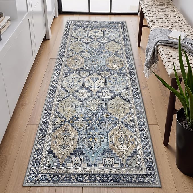 GENIMO 2x5 Runner Rugs for Hallway, Machine Washable Non Slip Vintage Rugs, Low Pile Lightweight Soft Print Rug for enrtyway, Corridor, Home Office, Kitchen, Brown Blue
