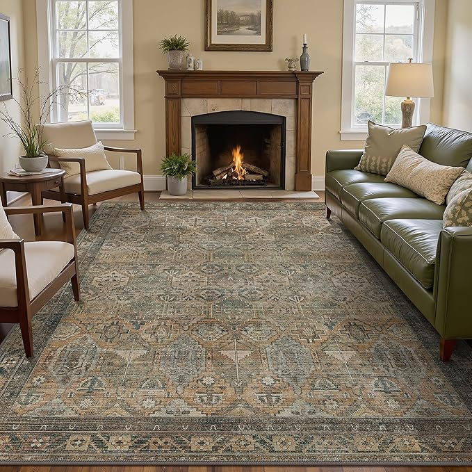 GENIMO 4x6 Area Rugs for Living Room, Machine Washable Non Slip Vintage Rugs, Low Pile Lightweight Chenille Print Rug for Bedroom, Dining Room, Home Office, Warm Taupe