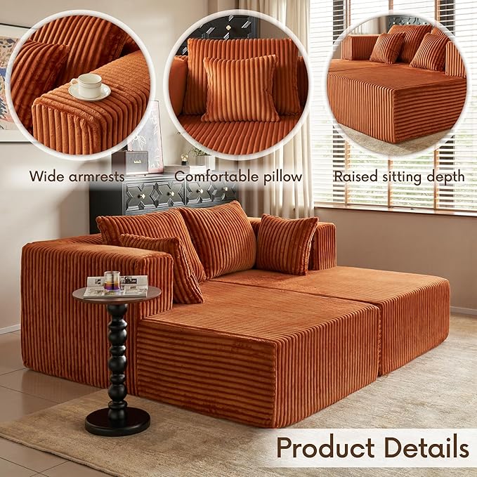 82" Oversized Chaise Lounge Chair, Corduroy Upholstered Sleeper Sofa with 4 Throw Pillows and Wide Armrest for Living Room, No Assembly Required Loveseat Couch, Orange