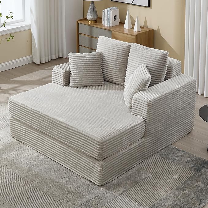 59" Chaise Lounge Chair Indoor - Oversized Comfy Corduroy Upholstered Sleeper Sofa with 4 Pillows & Armrests, Deep Seat Reading Chair Couch for Living Room, No Assembly Required - Light Gray