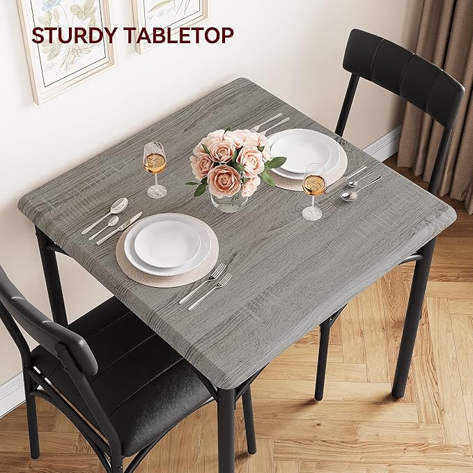 GAOMON Dining Table Set for 2, Kitchen Table with Upholstered Chairs for 2, Small Dining Room Table Set, Square Kitchen Table Set for Small Space, Apartment, Home, Studio, Rustic Grey
