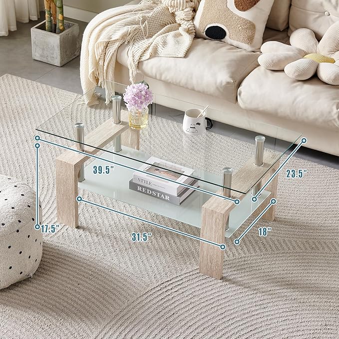Living Room Rectangle Coffee Table, Tea Table Suitable for Waiting Room, Modern Side Coffee Table with Wooden Leg, Glass Tabletop with Lower Shelf (Yellow Travertine)