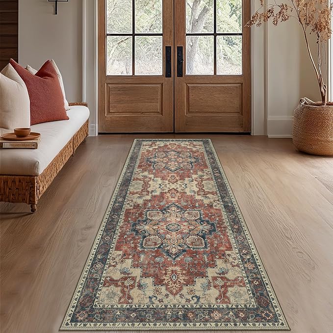 GENIMO 2'6''x12 Runner Rugs for Hallway, Machine Washable Non Slip Vintage Rugs, Low Pile Lightweight Soft Print Rug for enrtyway, Corridor, Home Office, Kitchen, Bordeaux