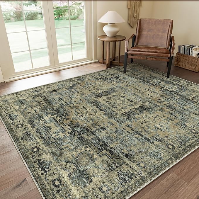 GENIMO Machine Washable 9x12 Area Rugs for Living Room, Non Slip Vintage Rugs, Low Pile Lightweight Chenille Print Rug for Bedroom, Dining Room, Home Office, Tawny Sage