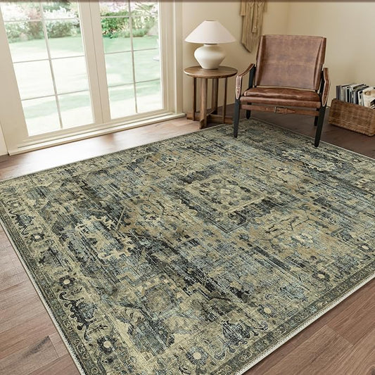GENIMO Machine Washable 9x12 Area Rugs for Living Room, Non Slip Vintage Rugs, Low Pile Lightweight Chenille Print Rug for Bedroom, Dining Room, Home Office, Tawny Sage