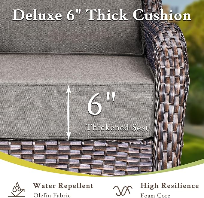 Luxury High Back Outdoor Furniture with 6-inch Extra Thick Cushions, Patio Furniture Set with Swivel Chairs, 5 PCS Wicker Conversation Set for Yard, Deck, Poolside, Brown/Grey
