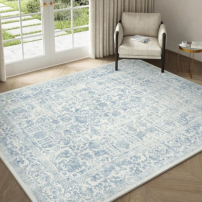 Blue Area Rug 5x8 Machine Washable Vintage Living Room Distressed Non Slip Carpet Traditional Indoor Bedroom Retro Floral Accent Throw Large Rug Office Kitchen Bathroom Dining Room