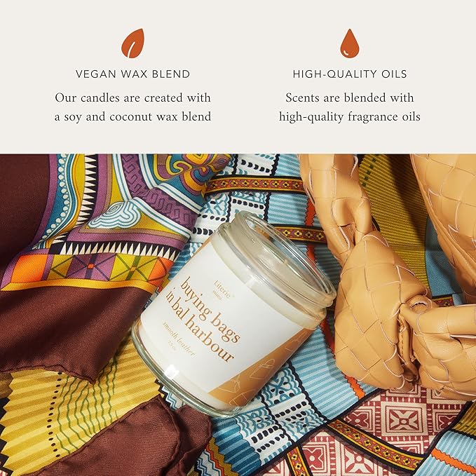 Literie Miami Inspired Scented Candle: Buying Bags in Bal Harbor - Smooth Leather Scent, 7.5oz, 40 Hour Burn, Vegan Soy & Coconut Blend Candle for Home Decor, Gift for Women & Men