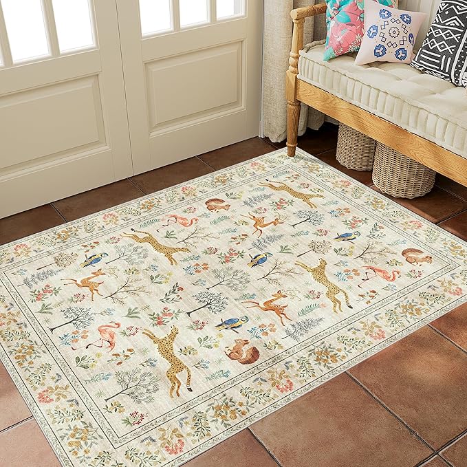 DUKINO 2x3 Rug, Washable Animal Rugs for Entryway, Non Slip Indoor Door Mat, Soft Low Pile Small Area Carpet for Entrance, Bedroom, Kitchen, Laundry, Bathroom, Beige