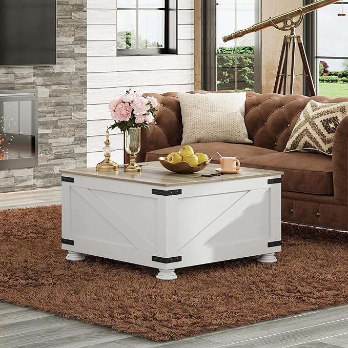 WLIVE Farmhouse Coffee Table, 31.5" Square Wood Center Table with Flip-Top Lids and Large Hidden Storage Compartment for Living Room, Bedroom, White