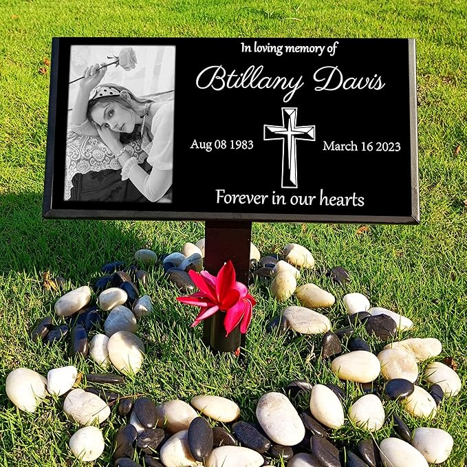 Personalized Headstone with Photo, Memorial Stone, Headstones for Graves, Grave Markers, Black Granite Garden Stone, Memorial Plaques for Outdoor, Grave Decoration for Cemetery (Picture left)