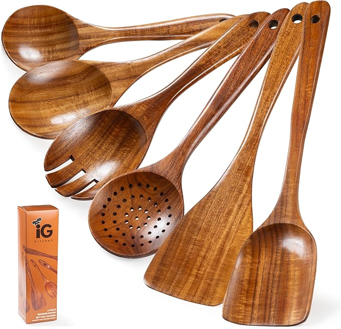 New Kitchen 6 Piece Wooden Spoons for Cooking - Smooth Finish Teak Kitchen Utensils Set - Non-Stick Wooden Spatula Perfect Kitchen Essential and Gift - Long Wooden Spoon Sets
